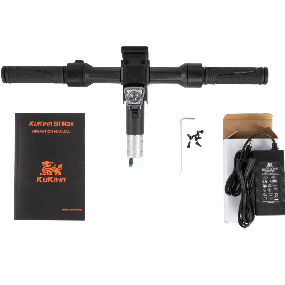 KuKirin S1 Max scooter accessories kit, including charger, operation manual, handlebar assembly, and installation tools