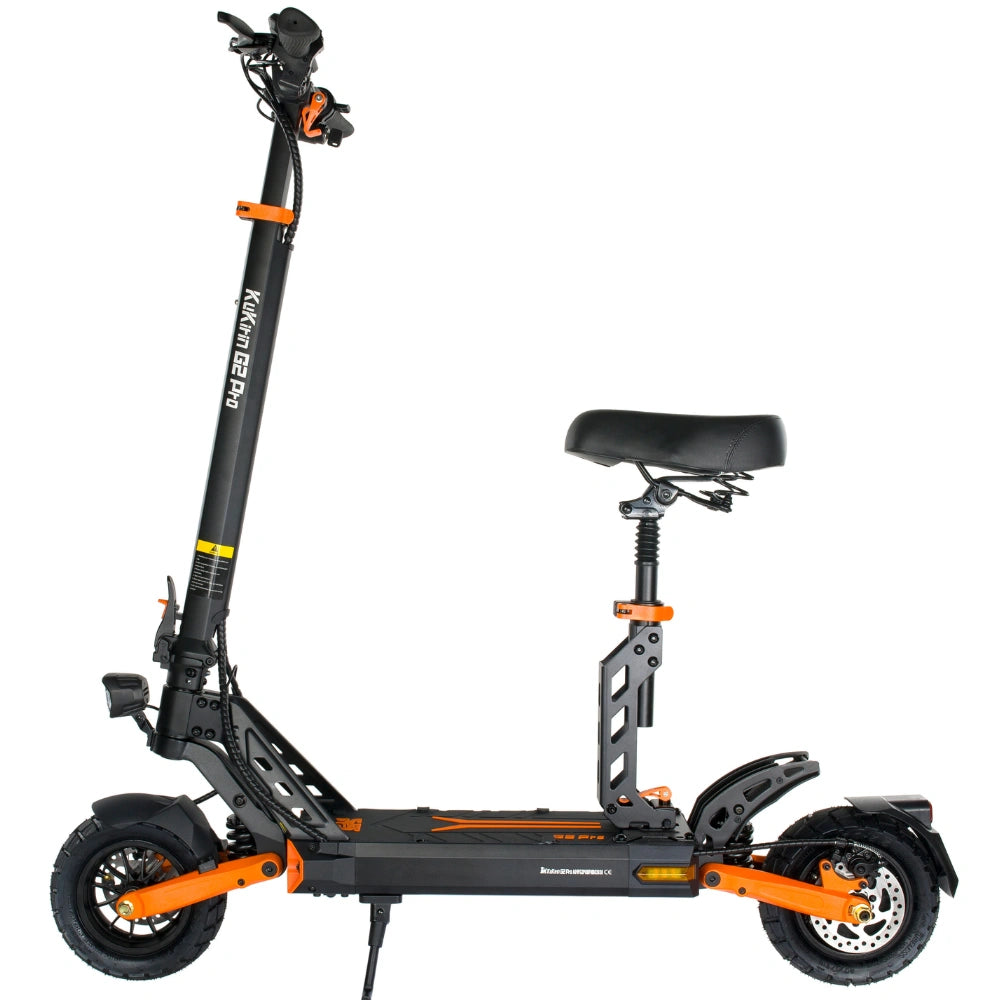 Full side view of KuKirin G2 Pro electric scooter equipped with adjustable spring seat, foldable lightweight city transport with dual shock absorption