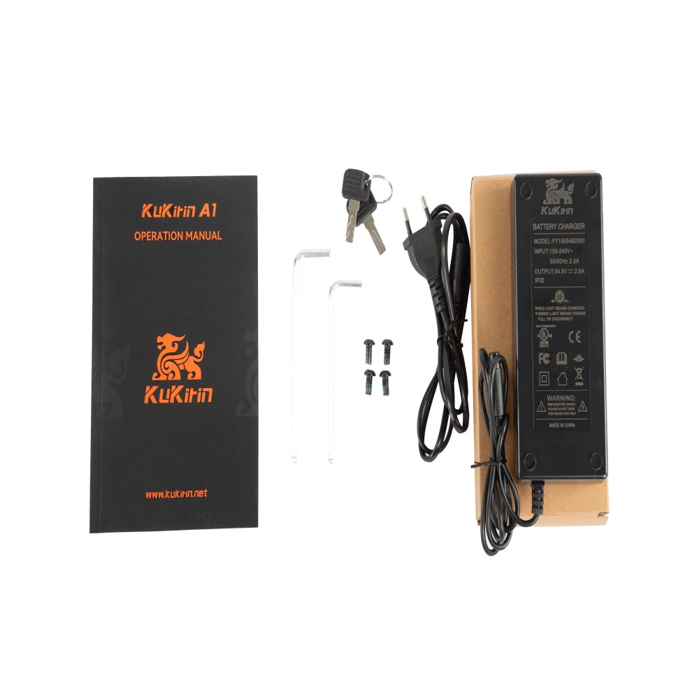 KuKirin A1 scooter accessories kit including charger, user manual, keys, hex keys, and screws