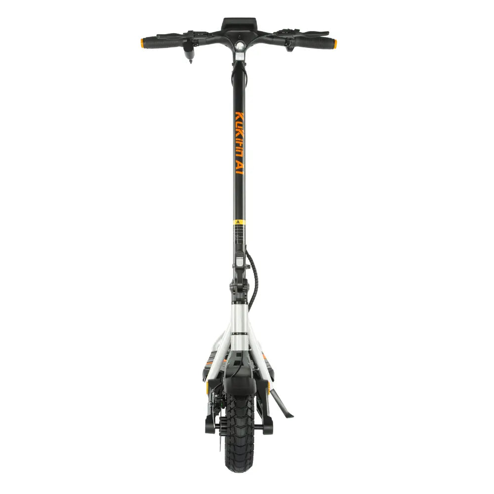 Front view of KuKirin A1 electric scooter, displaying handlebar, front tire, and LED headlight housing