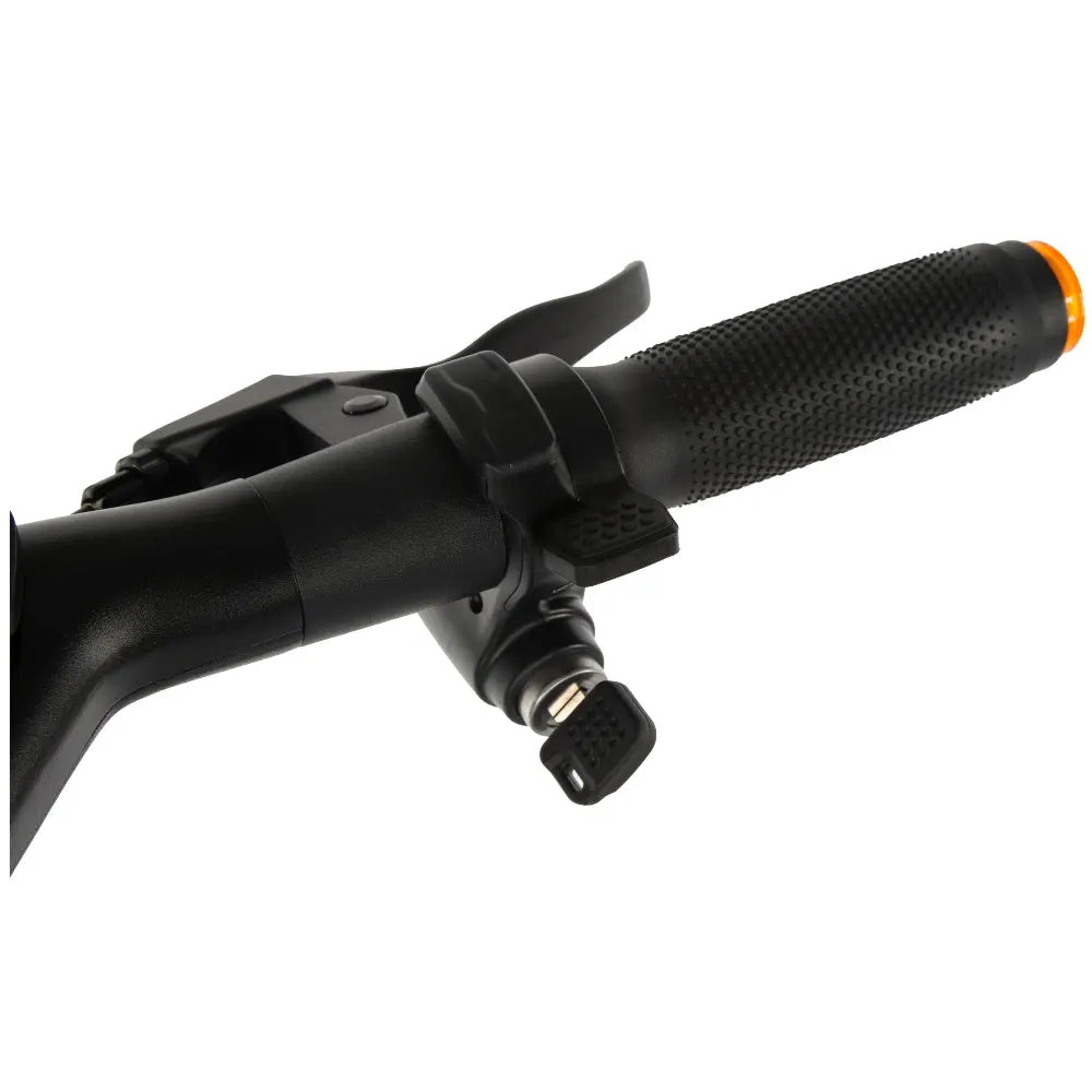 Close-up of KuKirin A1 scooter handlebar controls, including throttle, brake lever, turn signal, and power switch