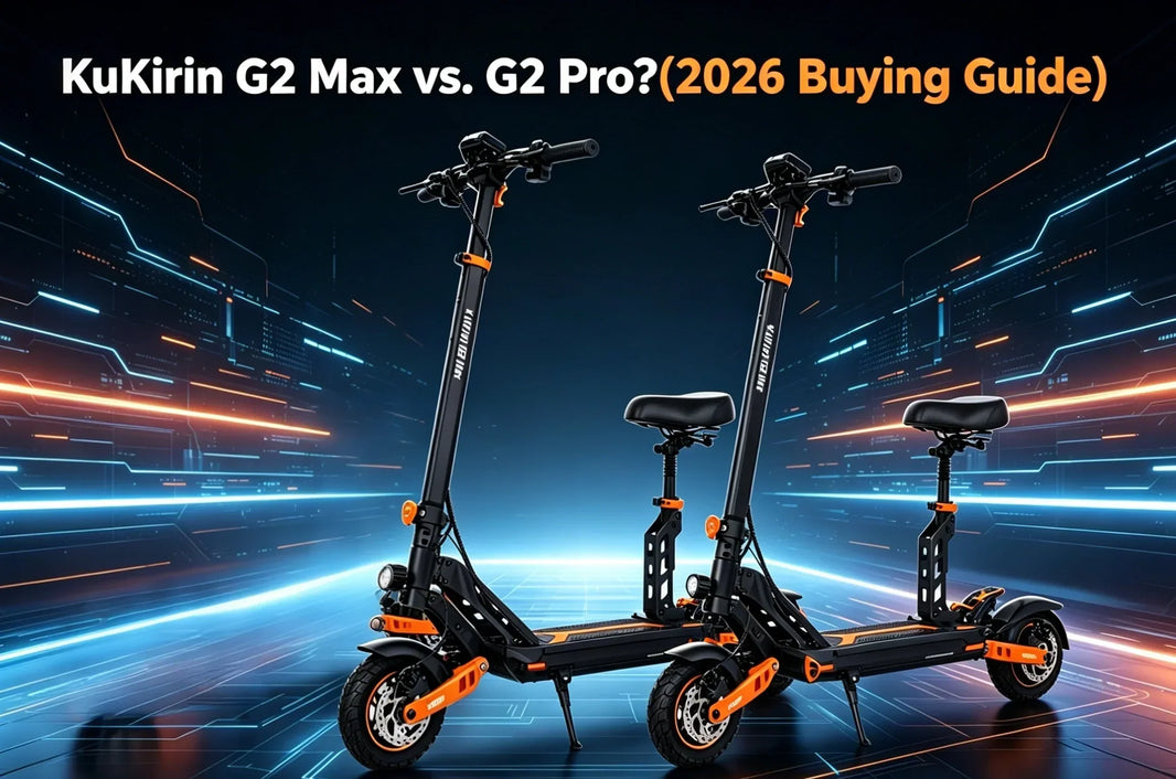 KuKirin G2 Max vs G2 Pro electric scooters comparison banner. Black and orange foldable scooters on a futuristic tech background, for the 2026 buying guide to help riders choose between the two models.