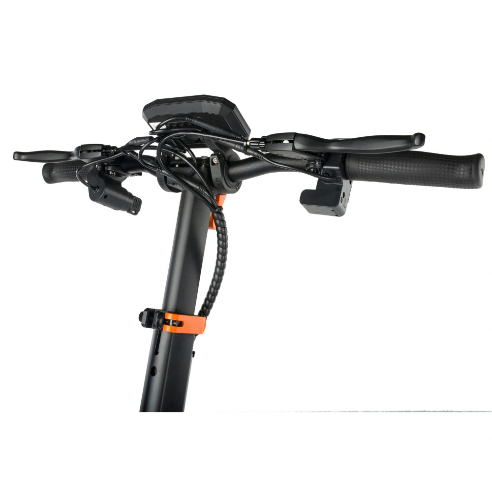 Low-angle front shot of KuKirin G2 Pro electric scooter handlebar set, fitted with LED digital display, dual brake levers, twist throttle, turn signal switch and textured anti-slip rubber grips, black matte stem with orange decorative buckle for foldable commuter e-scooter