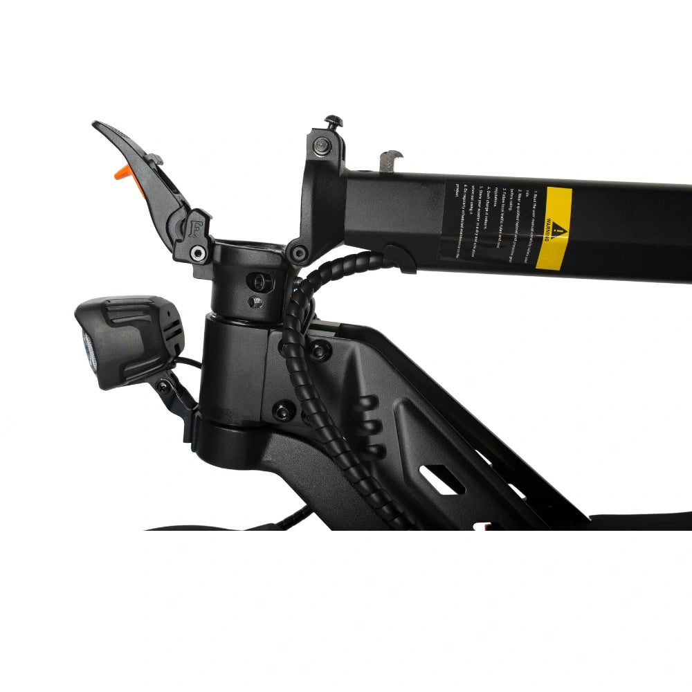 Front LED headlight and safety folding lock mechanism of KuKirin G2 Pro foldable electric scooter, sturdy aluminum frame structure