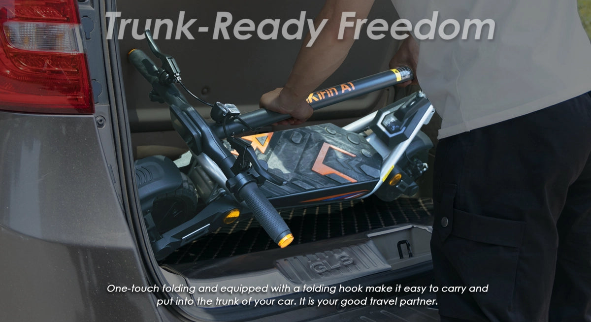 Folded KuKirin A1 electric scooter being loaded into a car trunk, demonstrating its compact portability for travel and commuting