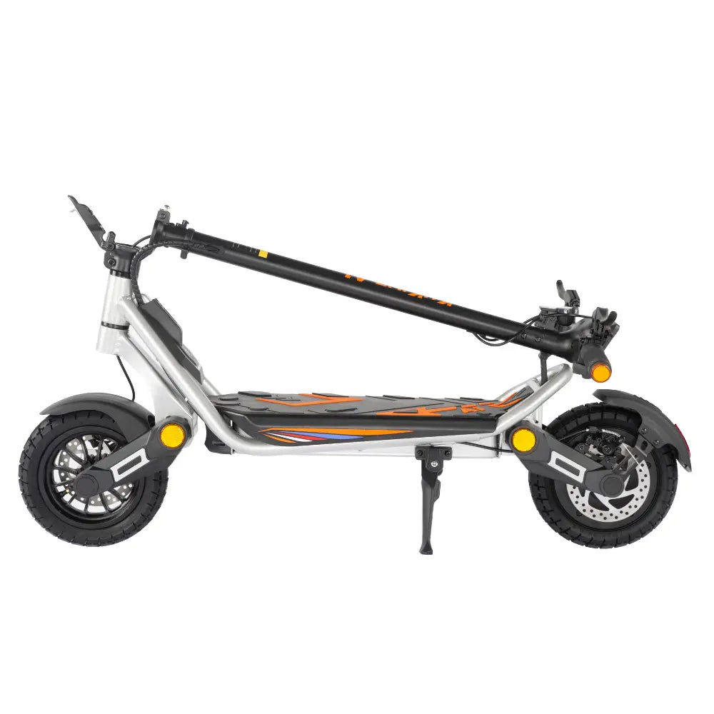 Folded KuKirin A1 electric scooter demonstrating compact design for easy storage and car trunk portability