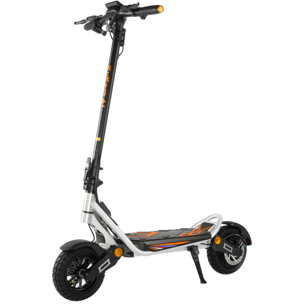 KuKirin A1 scooter 45-degree angle view, highlighting ergonomic design, anti-slip deck, and dual disc brakes