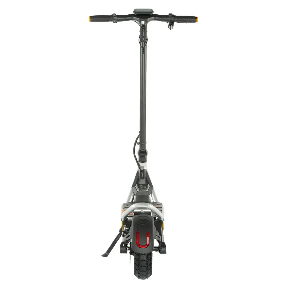 Rear view of KuKirin A1 scooter, featuring bright U-shaped taillight, rear disc brake, and rugged vacuum tire