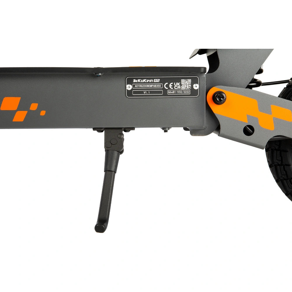 Closeup of 2026 New Kukirin G2 scooter frame, kickstand and model label