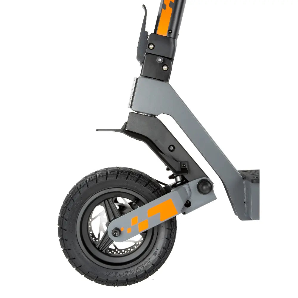 Close-up details of front wheel and suspension on 2026 Kukirin G2 scooter
