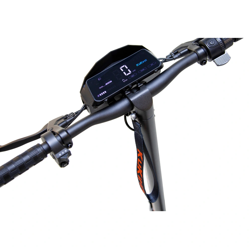 Closeup of the LED dashboard display and handlebar controls on 2026 New Kukirin G2 scooter