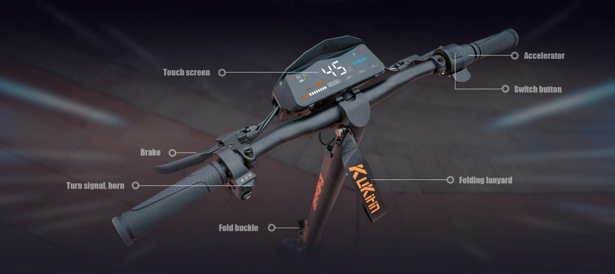 KuKirin G2 handlebar controls diagram, including touch screen display, accelerator, brake lever, turn signal and horn buttons