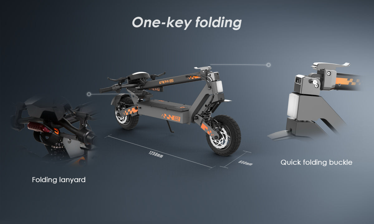 KuKirin G2 one-key folding mechanism, quick folding buckle and lanyard for easy portability, folded dimensions shown.