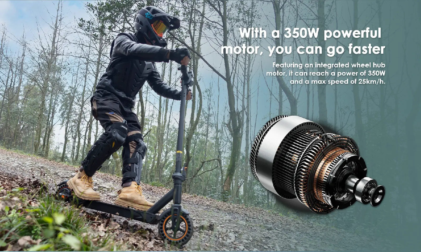 KuKirin S1 Max electric scooter 350W hub motor with 25 km/h top speed, rider wearing protective gear riding on forest trail.
