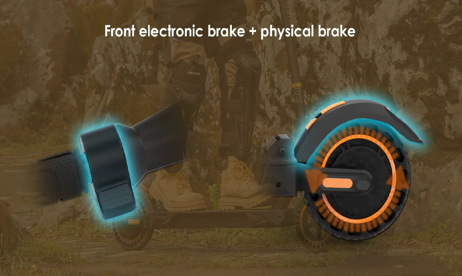 KuKirin S1 Max dual braking system diagram, showing front electronic brake and rear physical brake for enhanced safety.