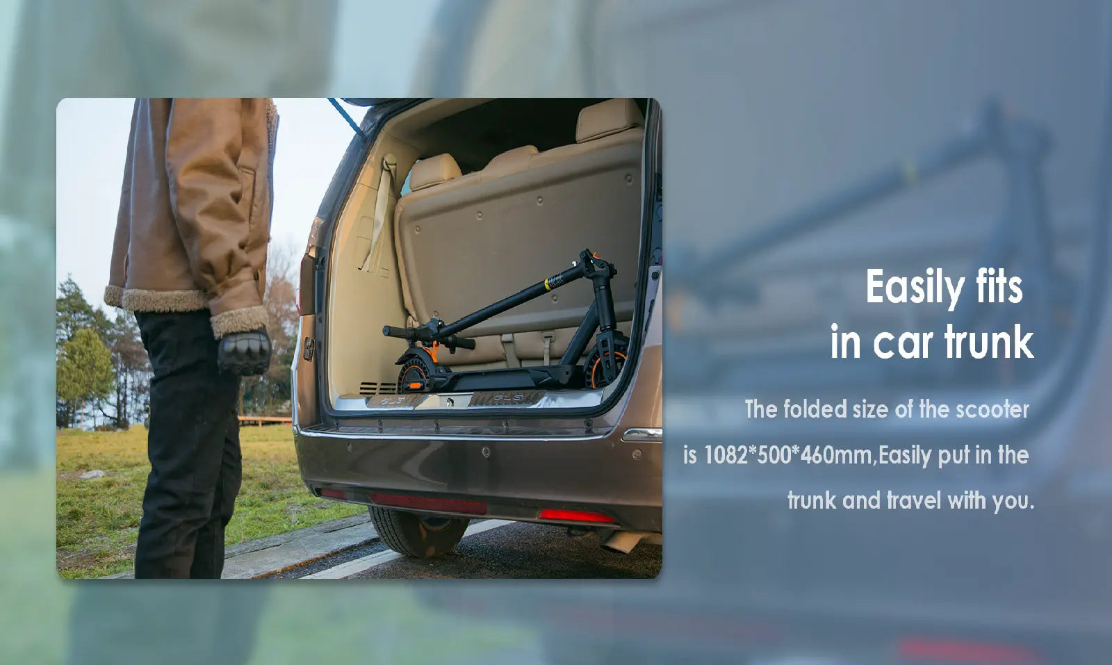 Folded KuKirin S1 Max electric scooter fitting in car trunk, demonstrating compact size (1082×500×460mm) for easy travel.