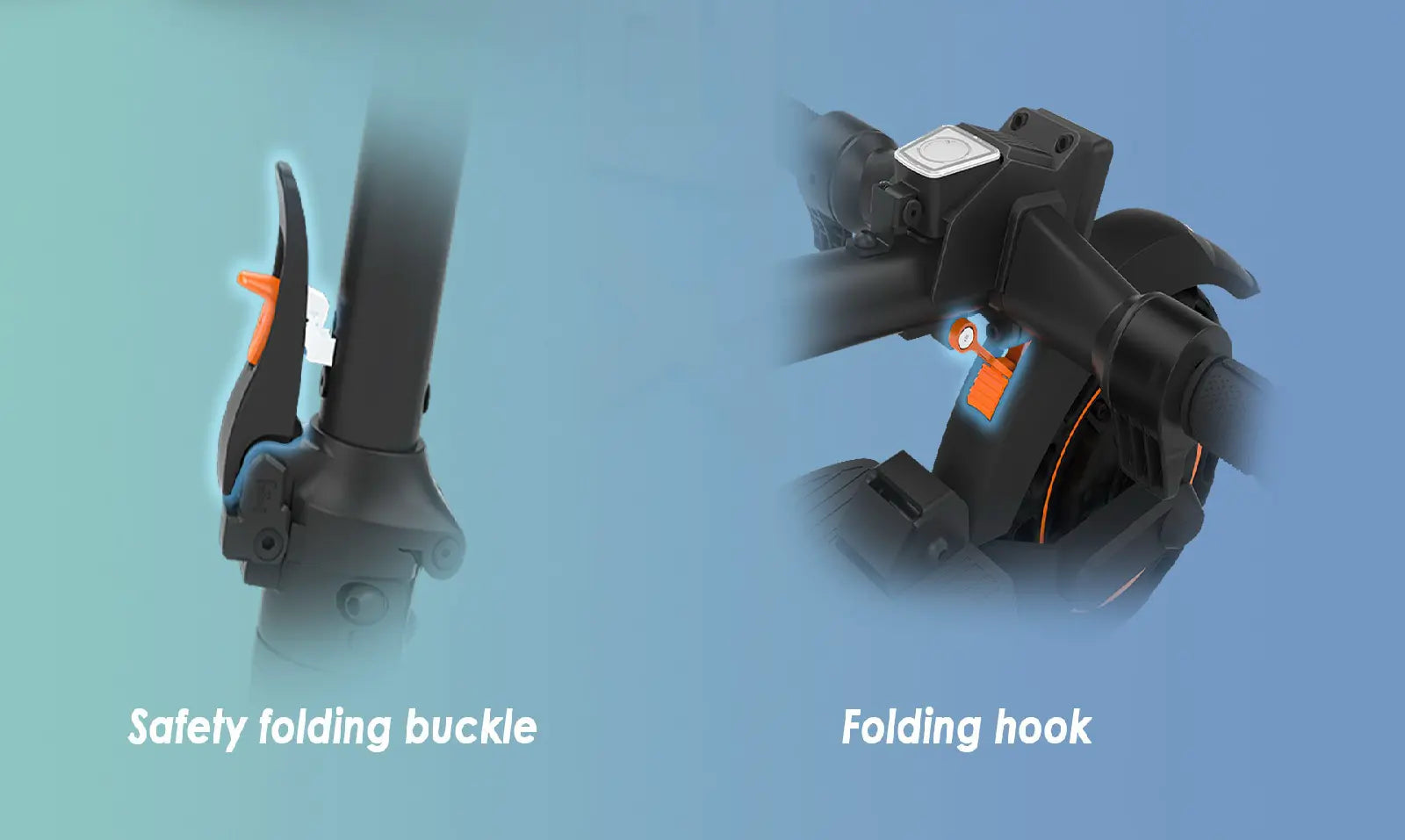 KuKirin S1 Max safety folding mechanism, showing safety folding buckle and folding hook for secure portability.
