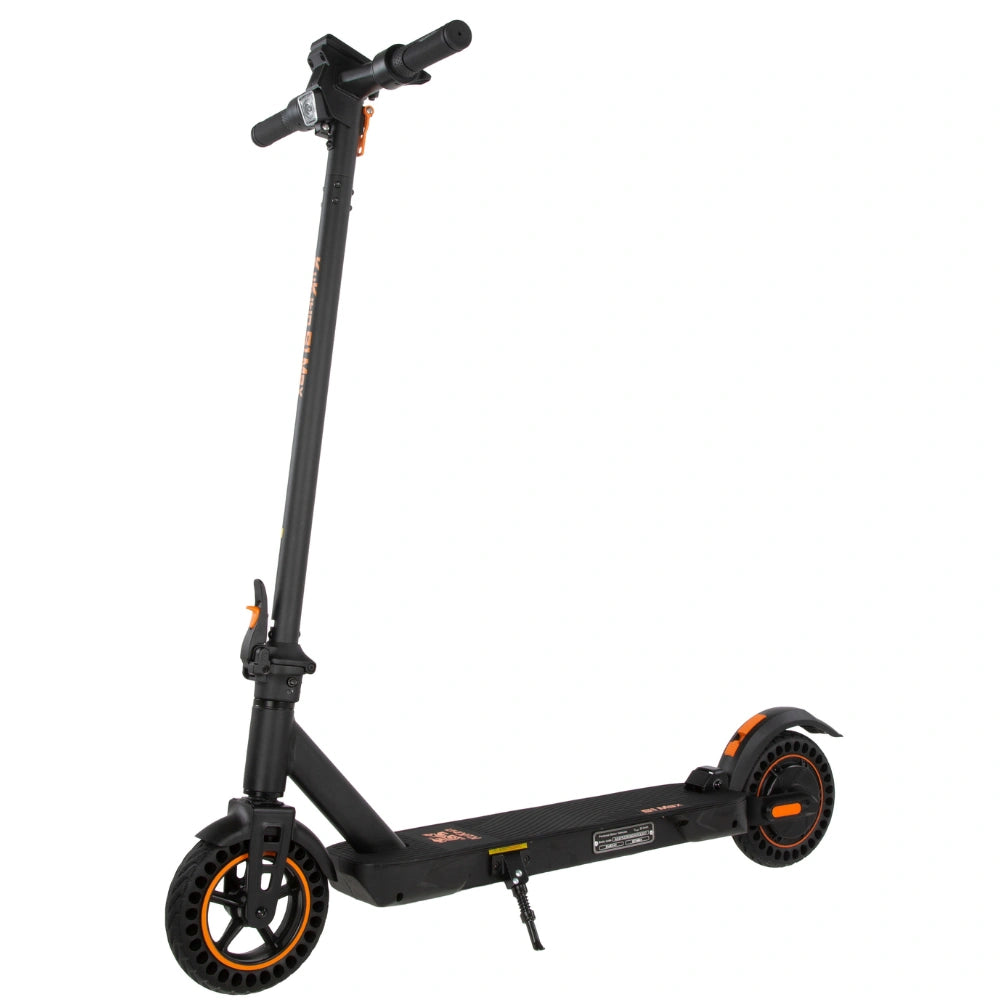 KuKirin S1 Max scooter 45° angle view, highlighting compact design, anti-slip deck, and orange accents