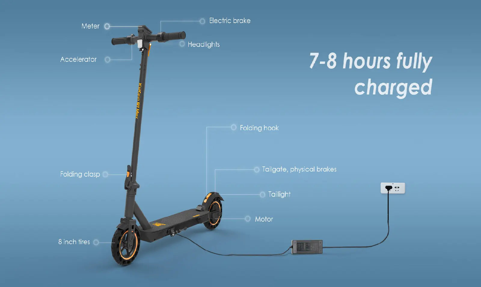KuKirin S1 Max electric scooter charging diagram, showing full charge time of 7-8 hours and labeled components.